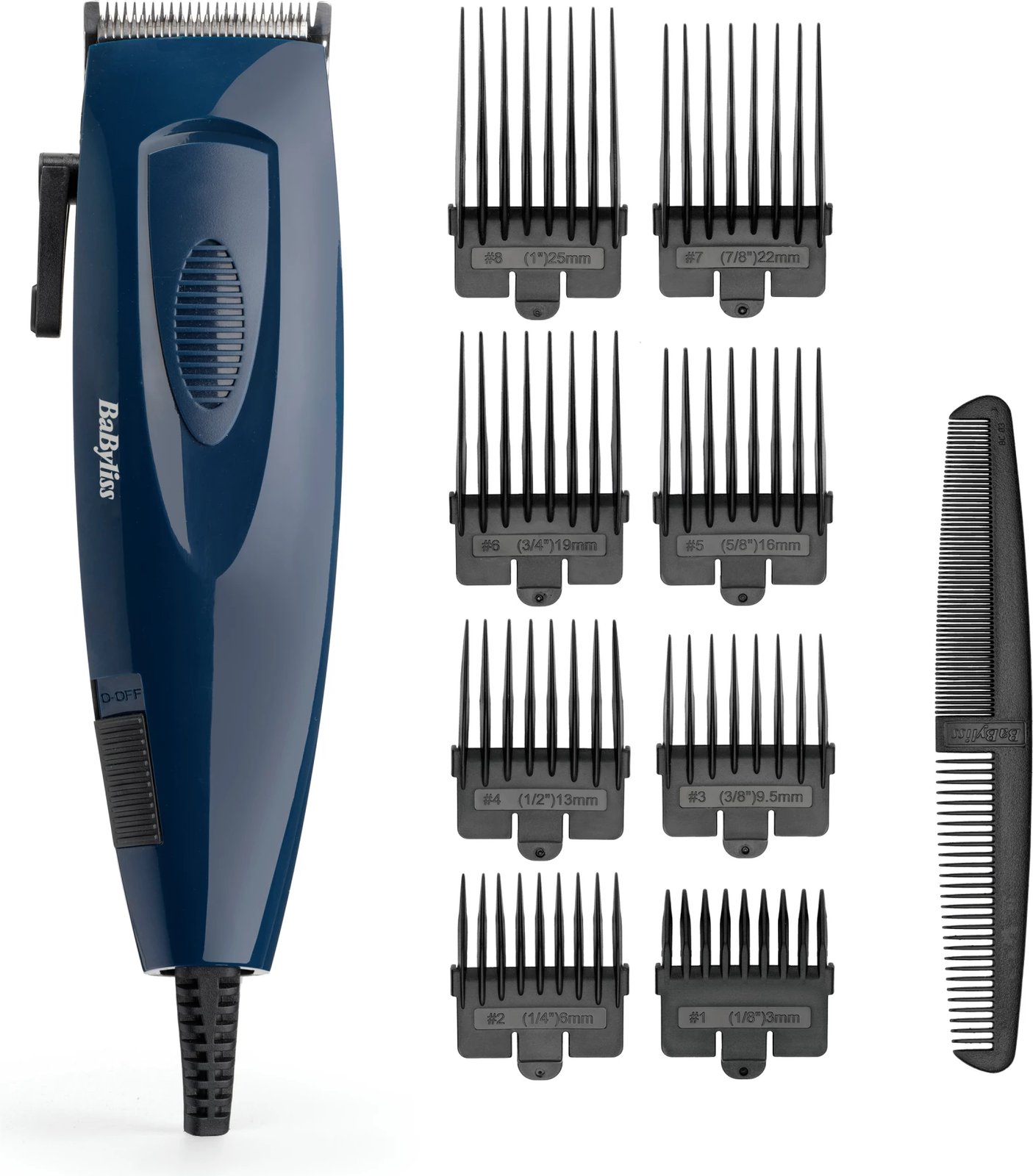 Makinë qethëse, BaByliss E695E, 8 përshtatës, 0.5–25 mm, me kabllo, blu e errët