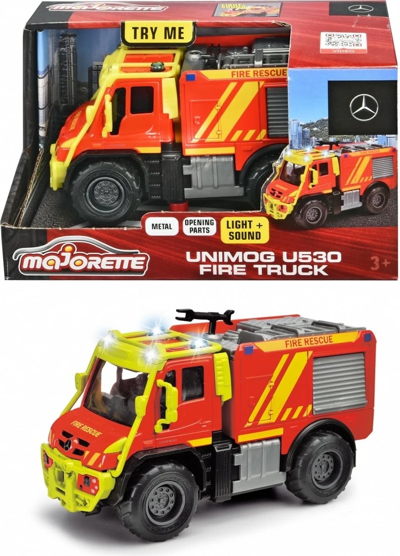 Kamion zjarrfikës lodër Majorette Unimog U530, 13 cm, metalik, me drita dhe zë, kuq/verdhe