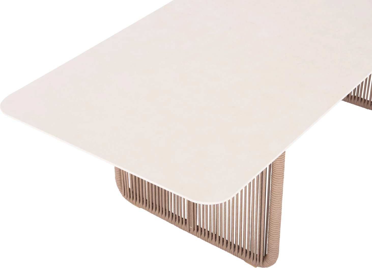 Tavolinë ngrënieje për jashtë, serisë ETHEREAL, sipërfaqe prej guri të sinterizuar ngjyrë fildishi, litar P.E. bezhë, 240x100x73.5cm