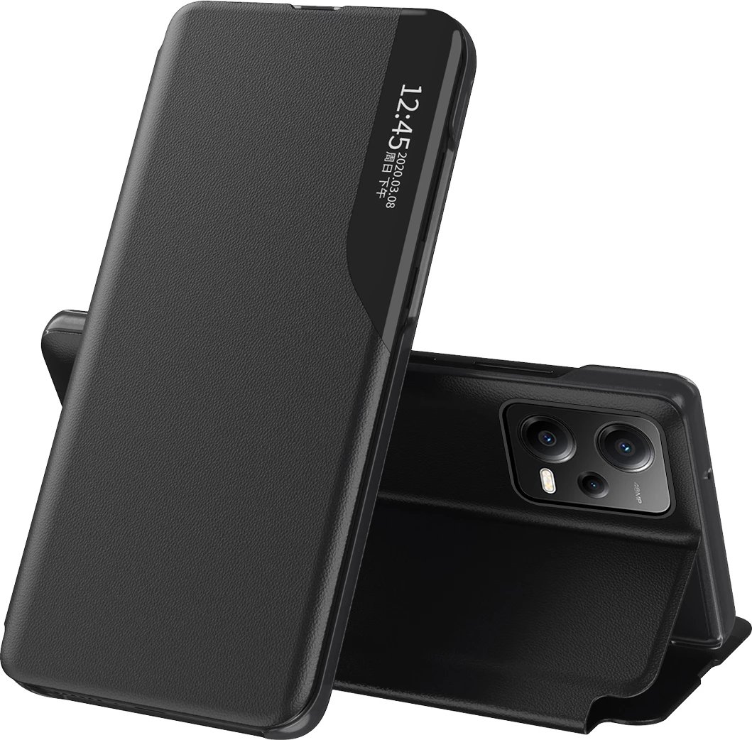 Mbështjellës Hurtel Eco Leather View Case për Xiaomi Redmi Note 12 Pro / Poco X5 Pro 5G, me qëndrim, i zi