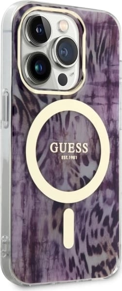 Mbështjellës Guess Leopard MagSafe për iPhone 14 Pro Max 6.7", rozë