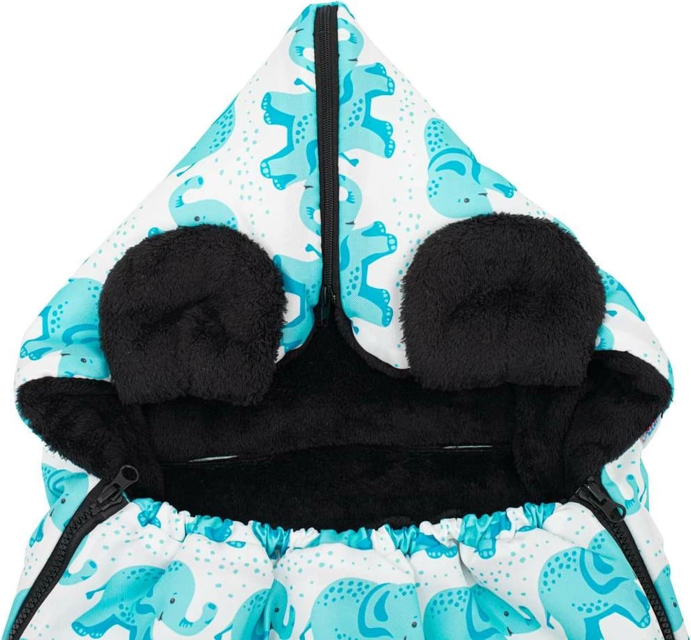 Thes gjumi për bebe, New Baby, Elephants Luxury, fleece, 112x54 cm, me vrima për rripa 5-pikësh, mbyllje me zinxhir, turkeze