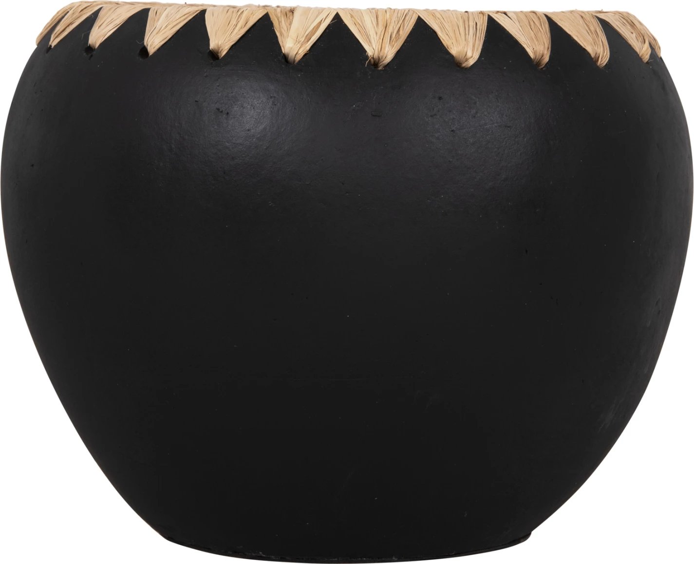 Vazo dekorative FH4374 terrakote, ngjyrë e zezë me thurje kashte në buzë, Φ29x23H cm