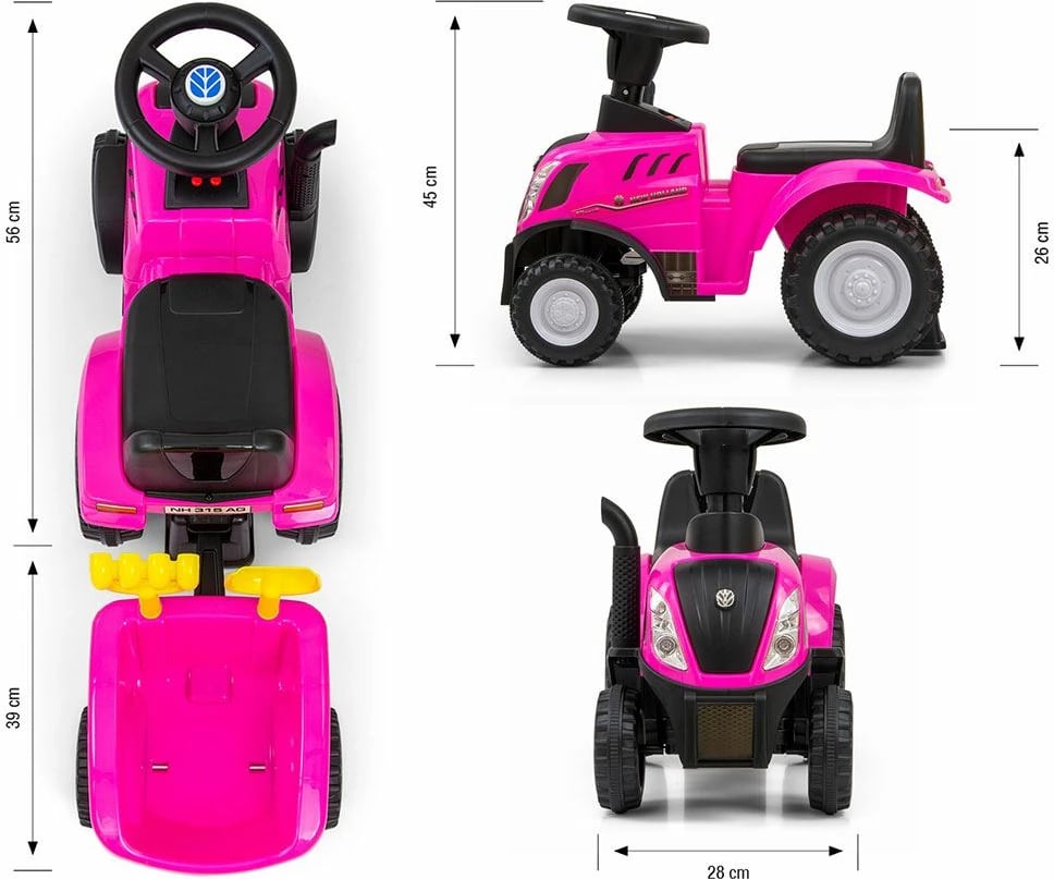 Traktor lodër ride-on me rimorkio, Milly Mally New Holland T7, me drita/tinguj dhe borie, 12-36 muaj, rozë