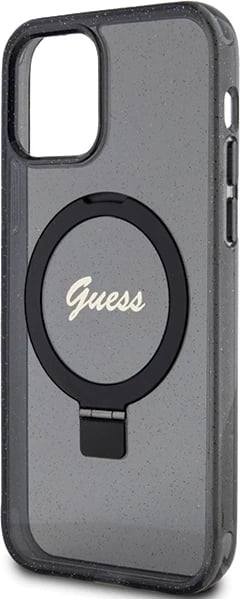 Mbështjellës Guess Ring Stand Script Glitter MagSafe për iPhone 12/12 Pro, i zi