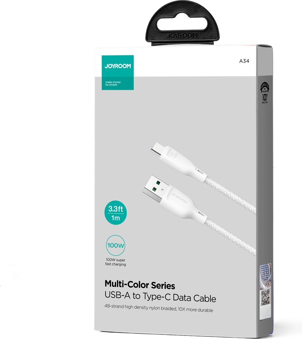 Kabllo Joyroom Multi-Color Series S-A34, USB-A / USB-C, 1m, 100W, Bardhë