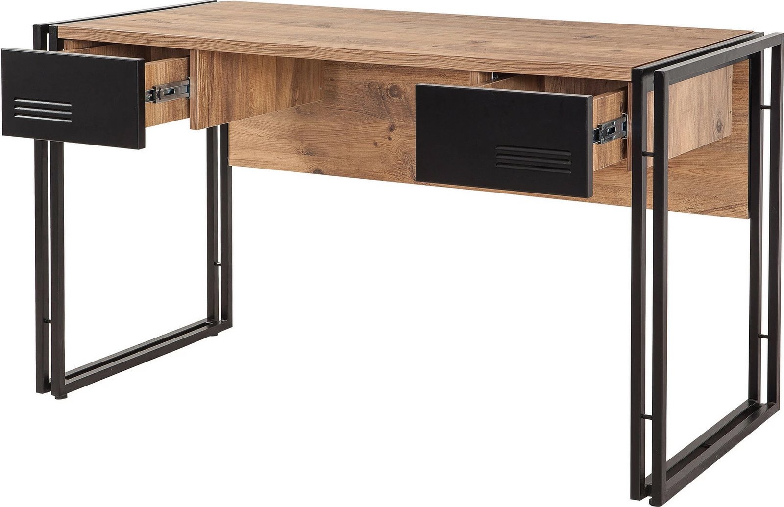 Tavolinë pune Cosmo Siesta, ngjyrë Atlantic Pine dhe e zezë, 139x75x60cm, 2 sirtarë