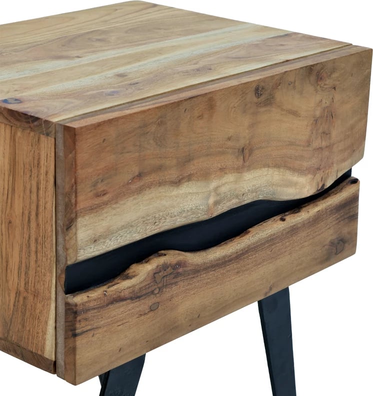 Komodinë anës krevati Imena, dru akacie natyrale, këmbë metalike të zeza, 45x35x56cm