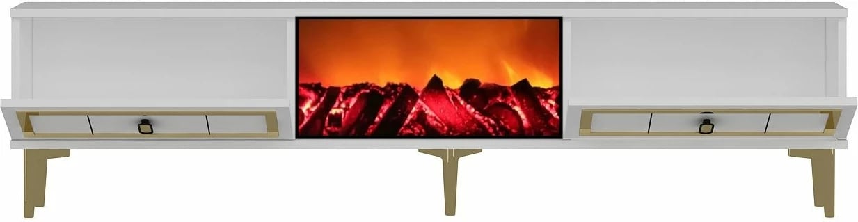 Komodë TV Skye Decor, me oxhak Orion, e bardhë dhe e artë