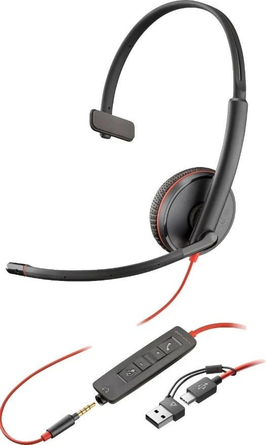 Kufje mono me mikrofon Poly Blackwire 3215, USB-C/A, 3.5mm, e zezë-portokalli