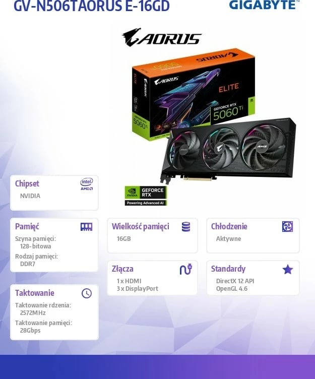Kartelë grafike Gigabyte AORUS GeForce RTX 5060 Ti, 16 GB GDDR7, Elite, e zezë