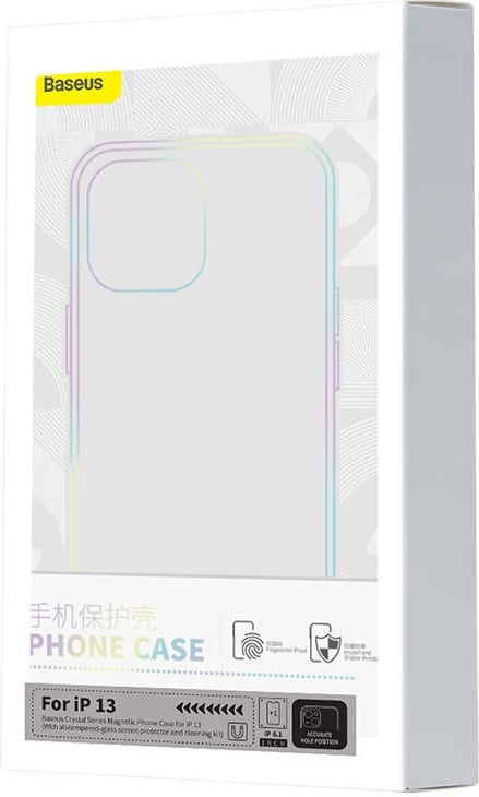 Mbështjellës Baseus Magnetic Crystal Clear për iPhone 13, transparent, me xham të temperuar dhe set pastrimi
