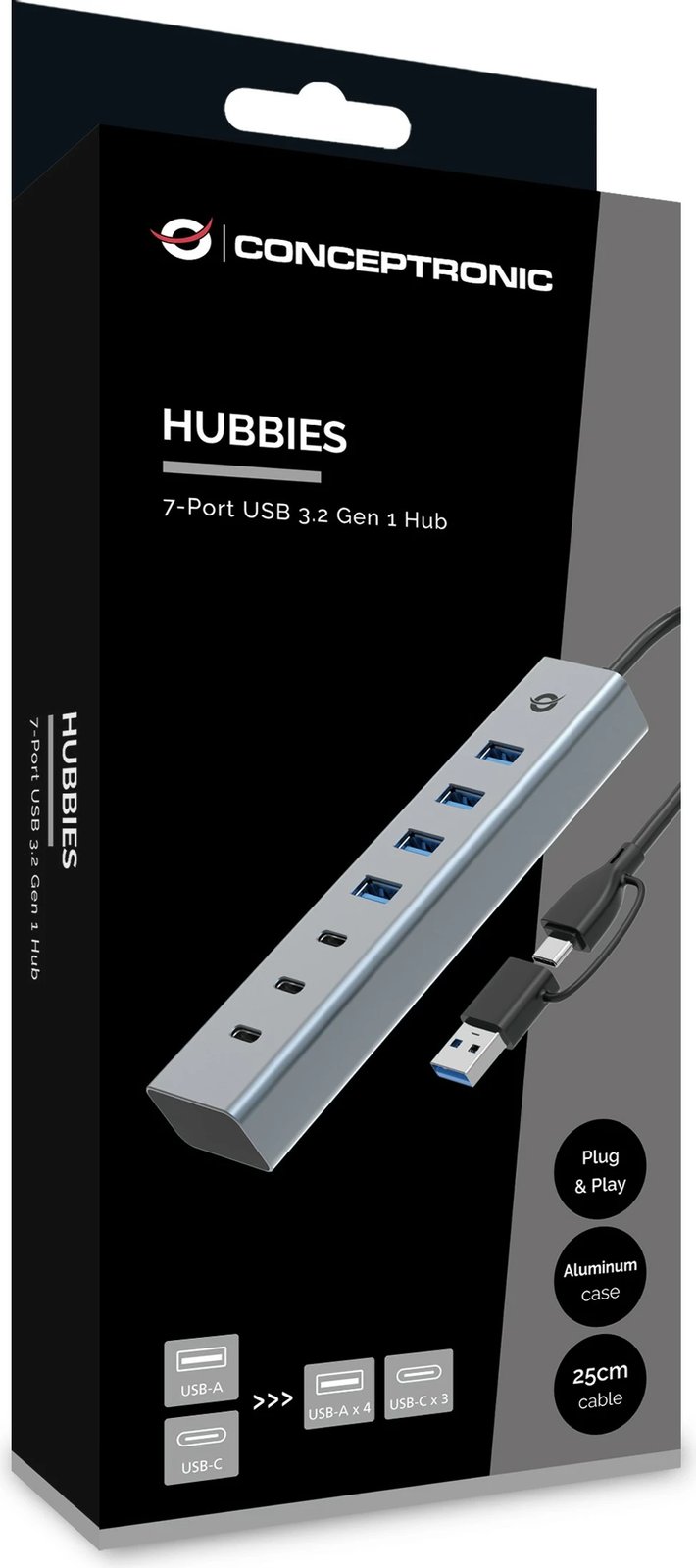 USB hub Conceptronic 7 porta, USB-A 3.0/USB-C, gri