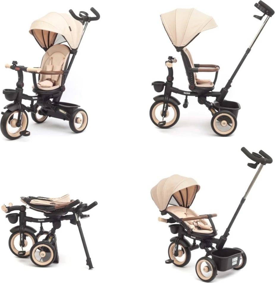 Tricikletë fëmijësh me dritë Milly Mally Twinkle, sedile rrotulluese 180°, timon prindëror i rregullueshëm, rrota shkumë, kapacitet 25 kg, me çati dhe kosha, bezhë