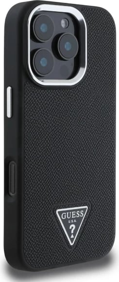 Mbështjellës Guess Grained Triangle MagSafe për iPhone 16 Pro Max 6.9", i zi