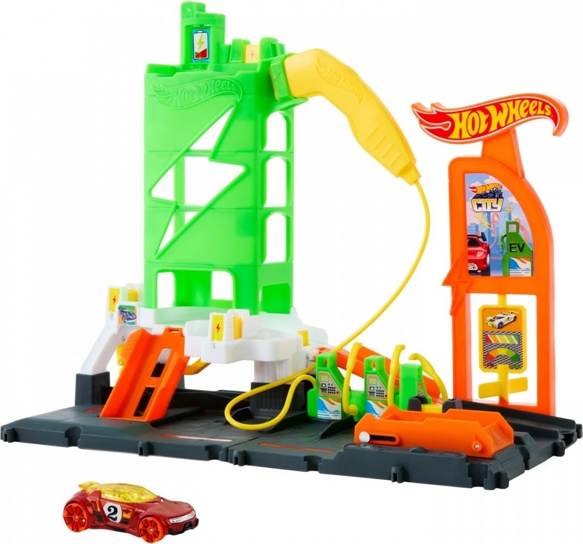 Set pistë makinash, Hot Wheels City Superstation Let’s Race, HTN79, për makina 1:64, me ashensor dhe lëshues, shumëngjyrë, set