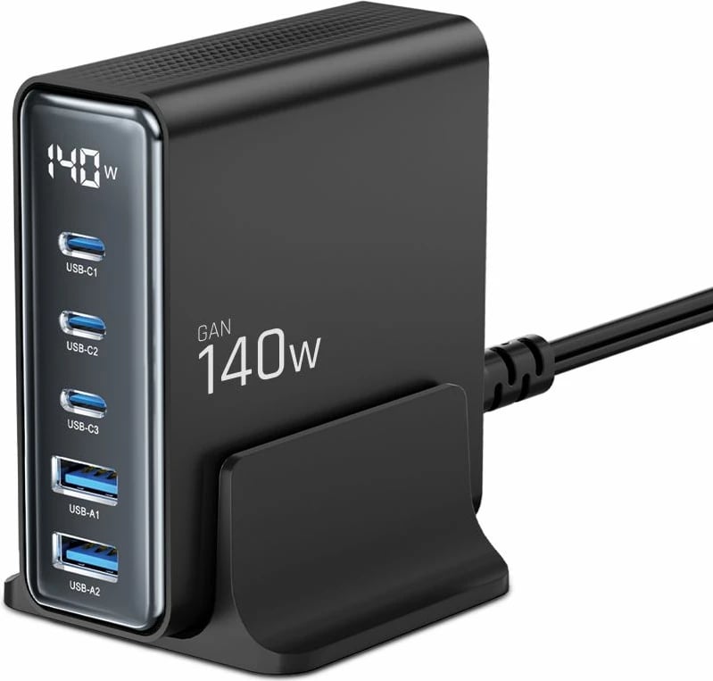 Stacion karikimi Tech-Protect DC140W-GAN, 5 porta, GaN, i zi