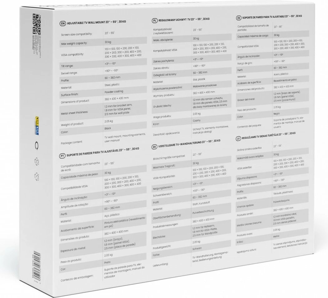 Mbajtës muri TV, Savio, UTV-03, 23-55", 30 kg, rrotullim 90°, anësim +3°/-10°, distancë 60-382 mm, VESA 100x100-400x400, i zi