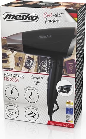 Tharëse flokësh, Mesko (Adler), MS2264, 1400W, palosshme, 2 nivele temperaturë dhe shpejtësie, e zezë me pjesë dekorative krom