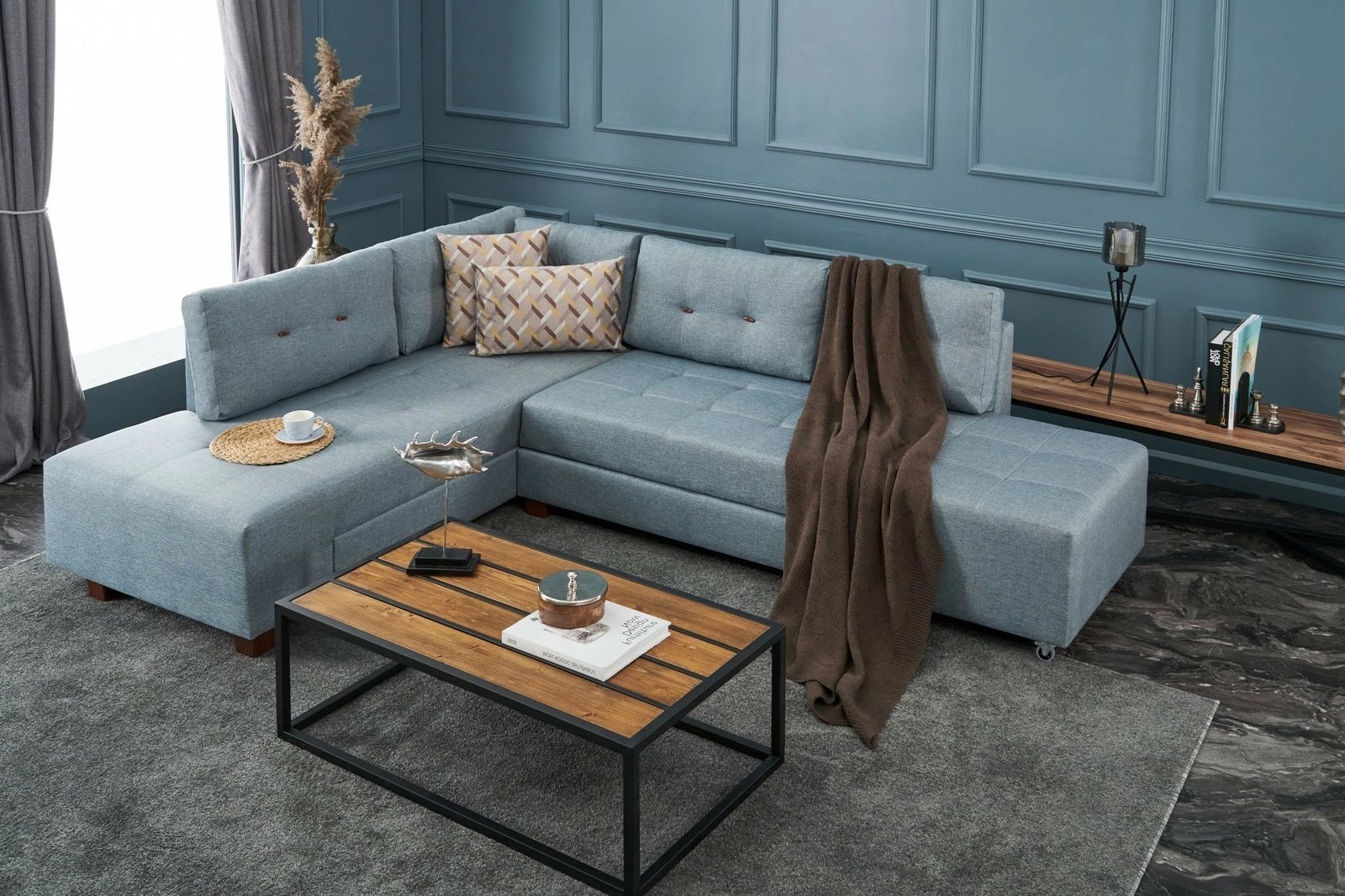 Kënd divan-krevat Atelier del Sofa, kënd Manama majtas, ngjyrë kaltër e çelët