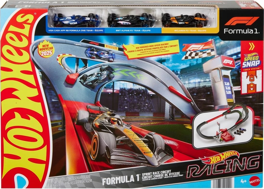 Set pistë garash Hot Wheels Racing Sprint F1 me 3 makina metalike 1:64, shumëngjyrëshe