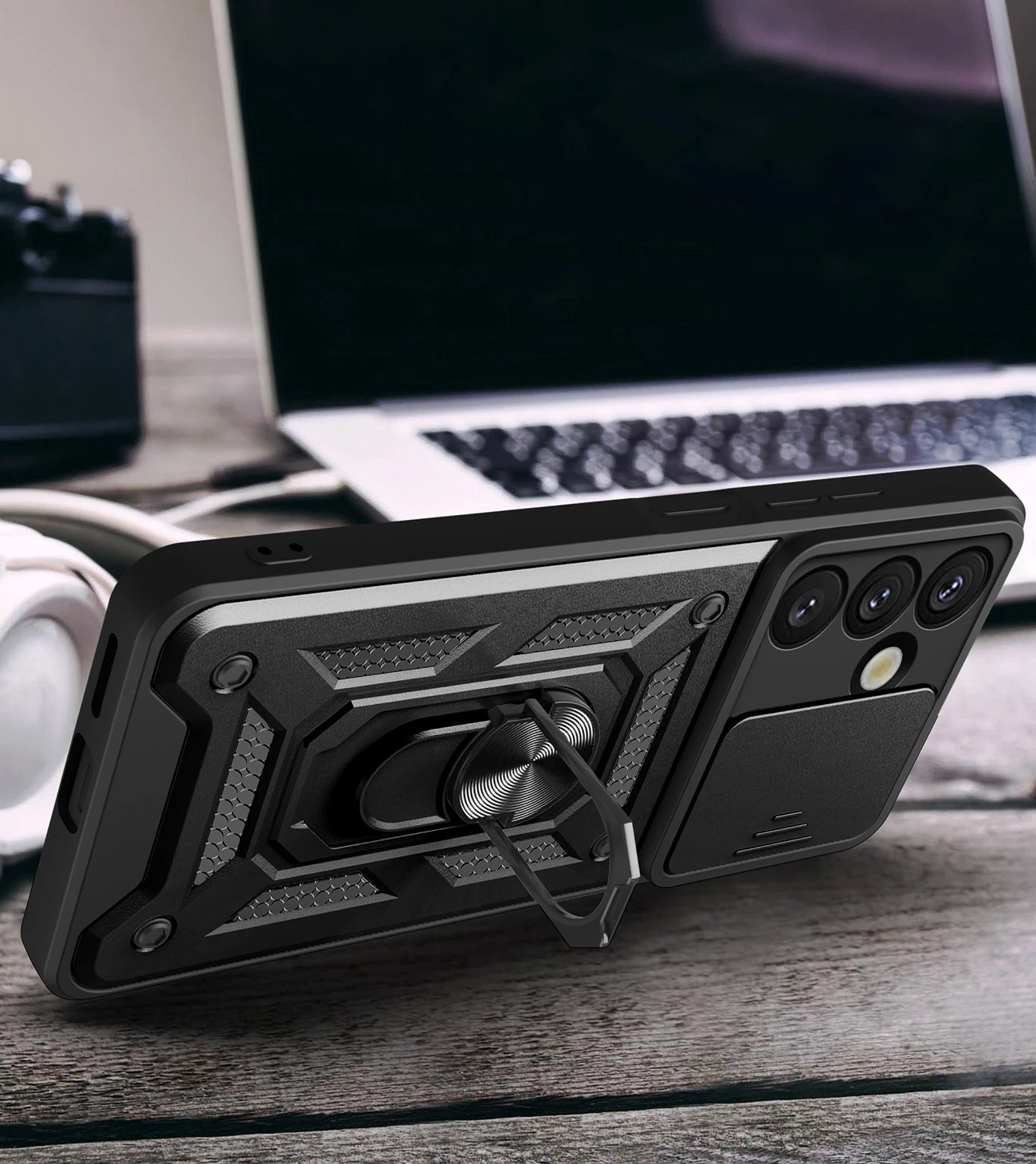 Mbështjellës Hurtel Hybrid Armor Camshield për OnePlus 13 5G, me kapak kamere dhe mbajtëse, i zi
