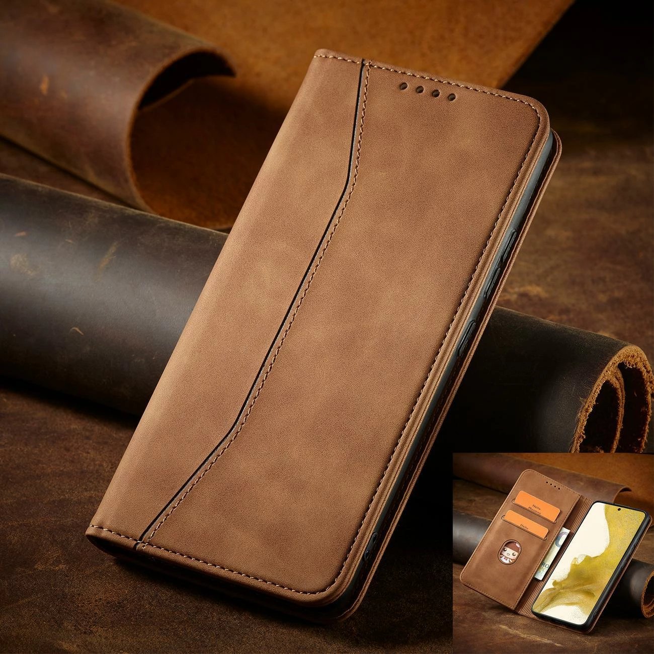 Mbështjellës Hurtel Magnet Fancy Case për Samsung Galaxy S23+, flip cover, portofol, kafe