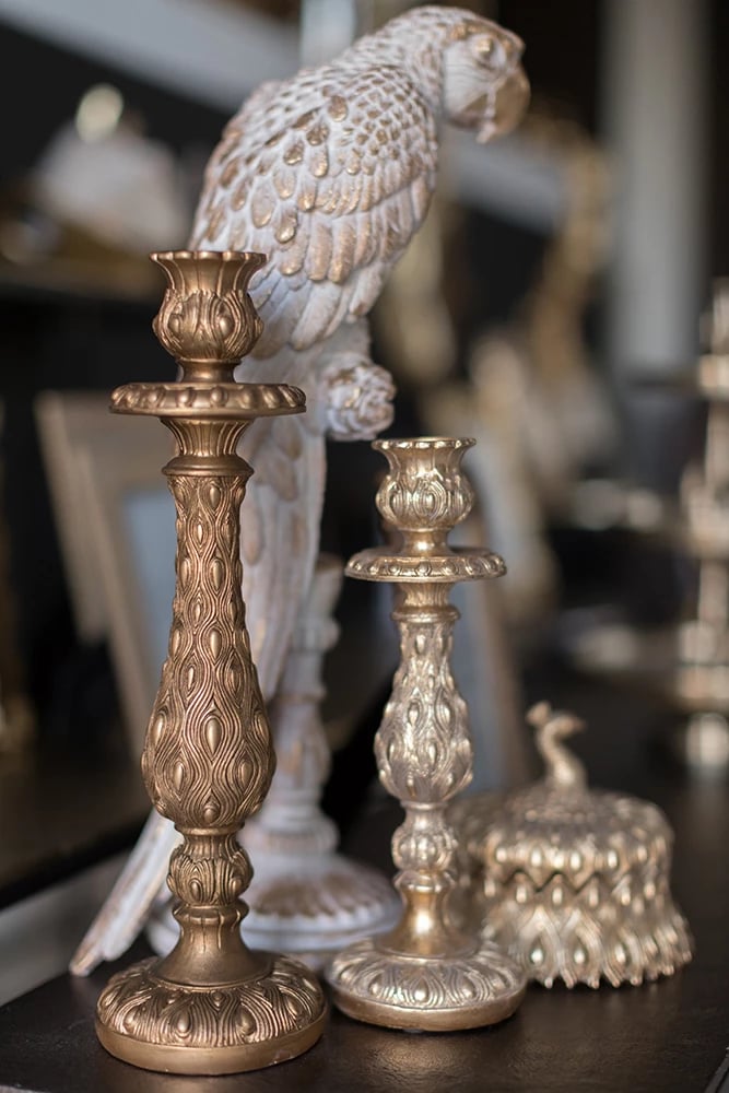 Mbajtëse qiriri në formë palloi, ngjyrë ari antik, 10x10x33cm