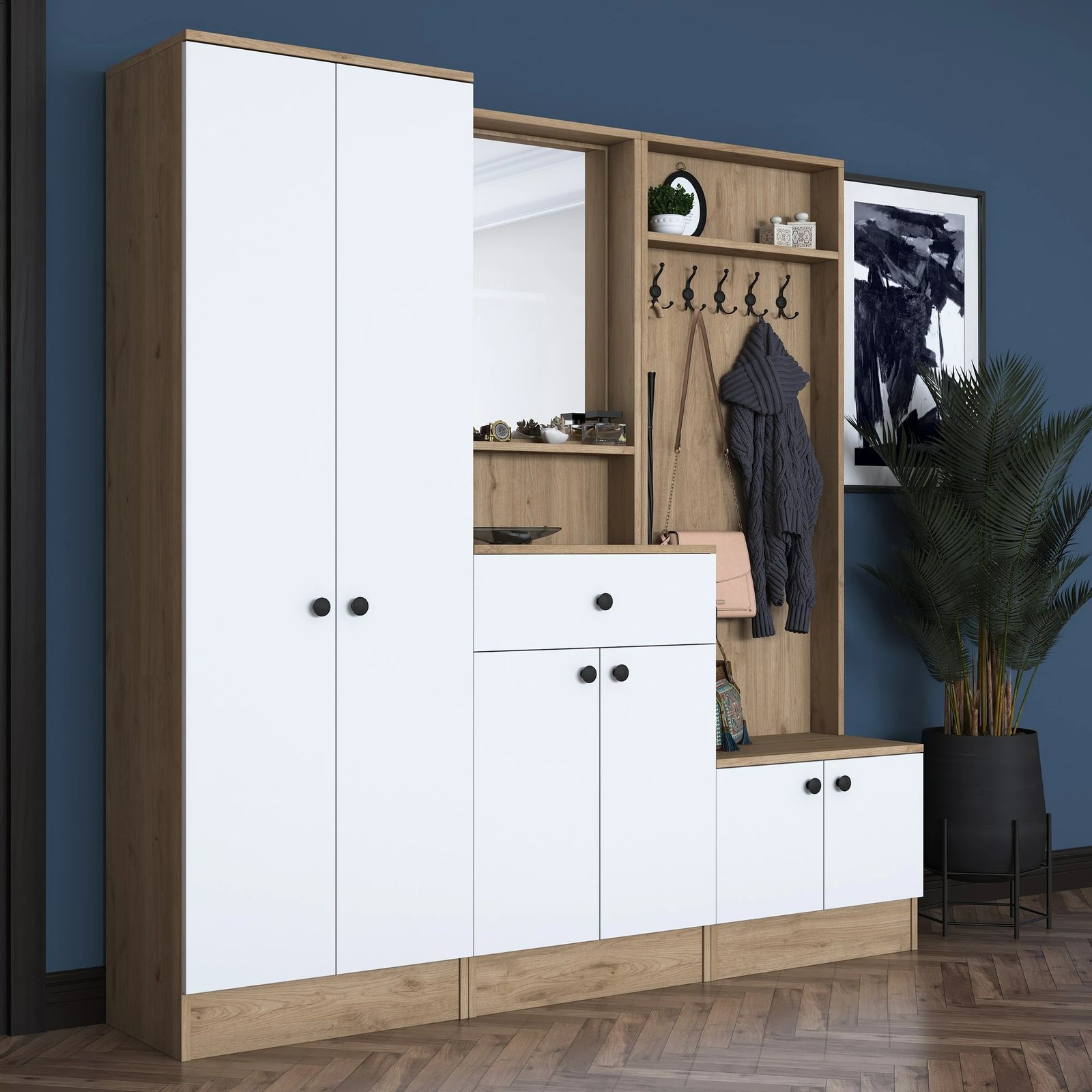 Stendë korridori Hanah Home, P6 - M3 - 2490, ngjyrë e bardhë dhe arre, 179.4x182.8x37.5 cm