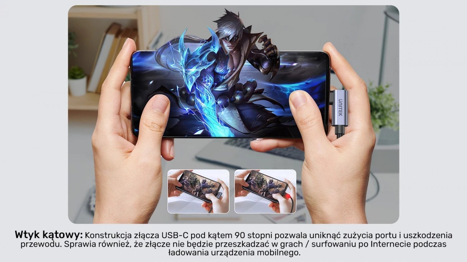 Kabëll USB-C Unitek, 90° PD100W, 1m, zi-gri Kabëll USB-C Unitek, 90° PD100W, 1m, zi-gri