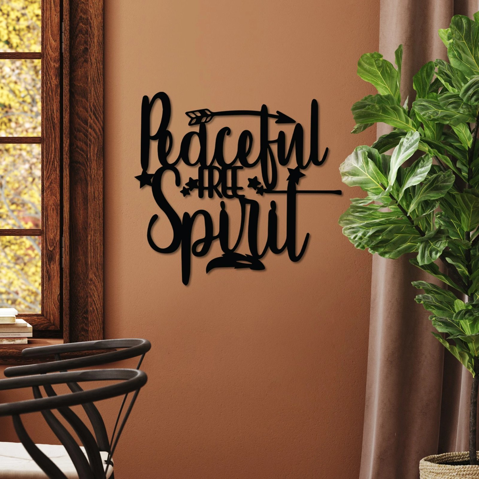 Aksesor dekorativ metalik për mur, Wallity, Peaceful Free Spirit, i zi, 52x48cm