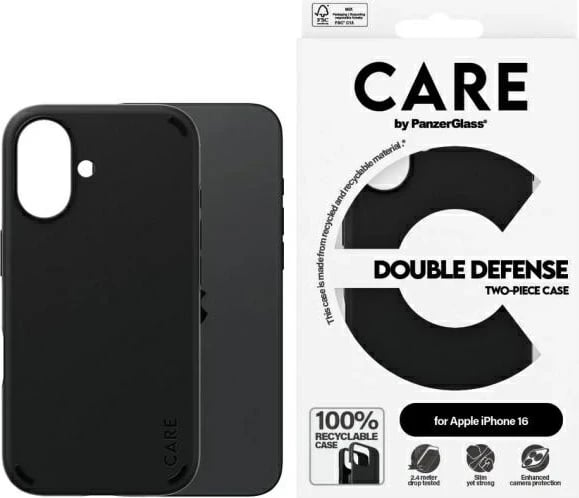 Mbështjellës PanzerGlass CARE Double Defense për iPhone 16, i zi