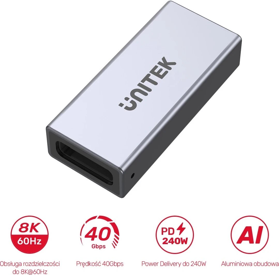 Lidhës Unitek USB-C(F) - USB-C(F) 8K 40Gbps 240W, ngjyrë argjendi