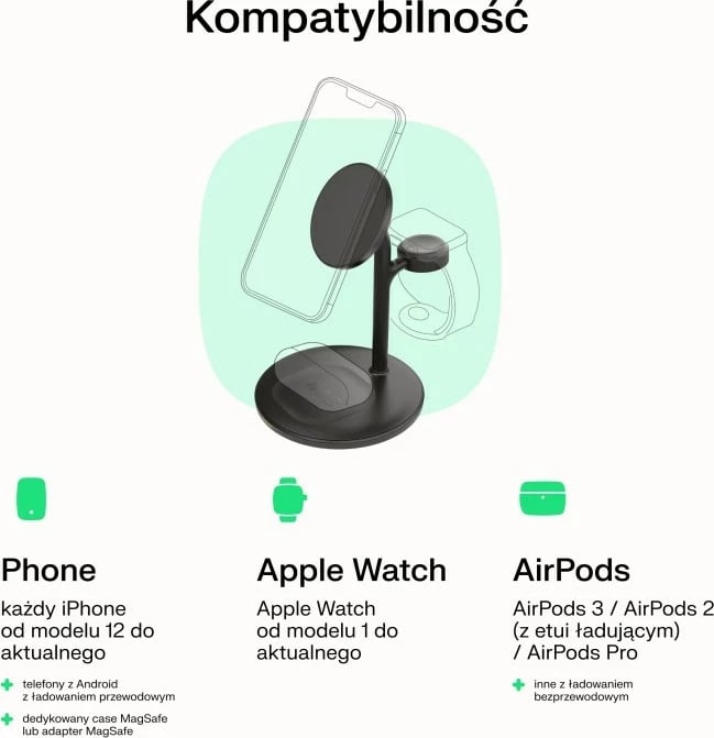Karikues wireless Green Cell MSST-GC-3IN1-B për celular, kufje, smartwatch, i zi