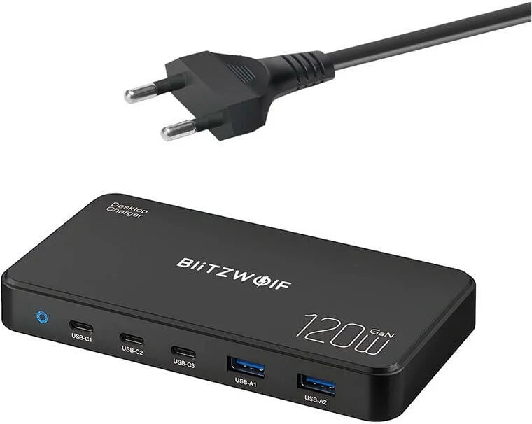 Karikues rrjeti 5-në-1 BlitzWolf BW-i100 120W, 3x USB-C + 2x USB-A, GaN