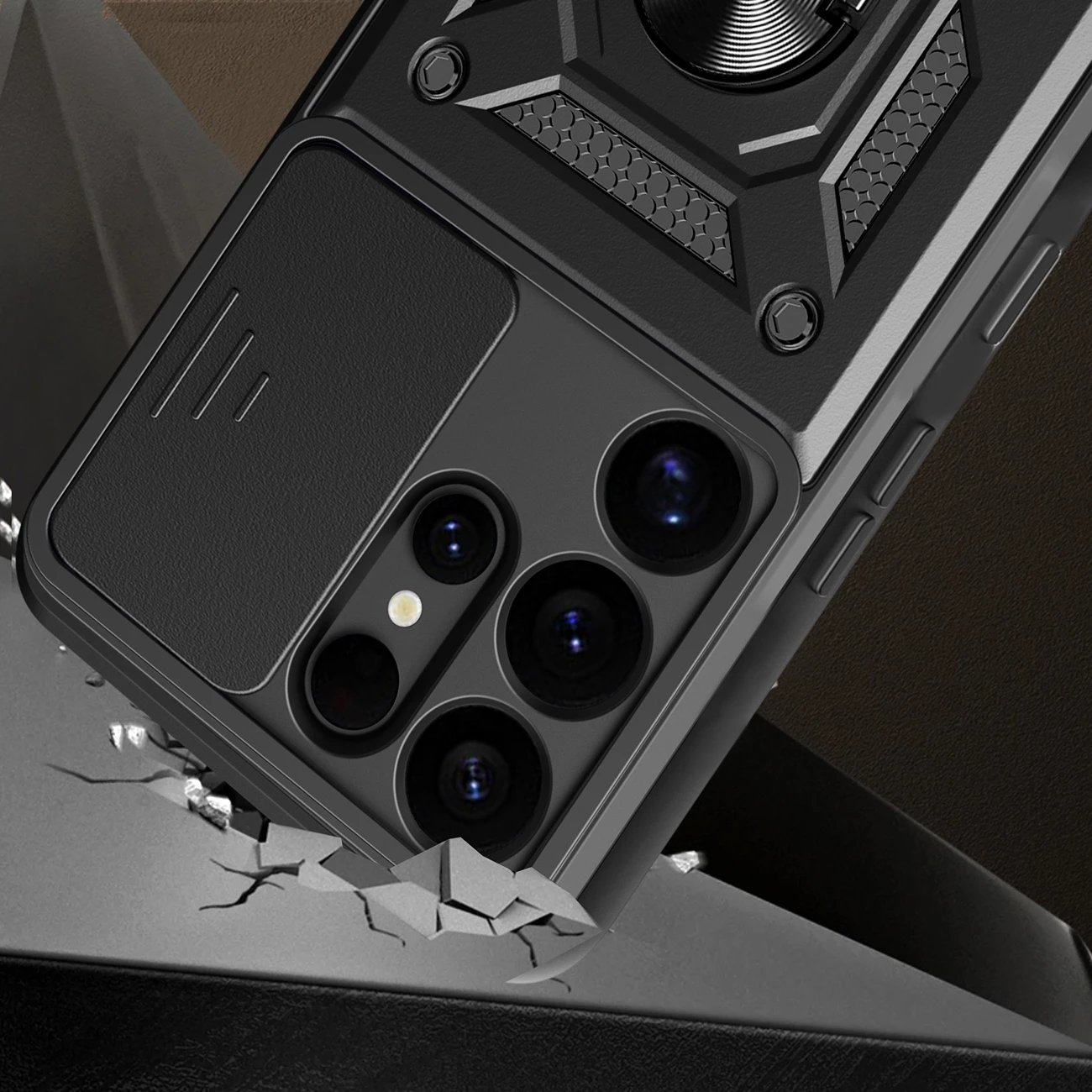Mbështjellës Hurtel Hybrid Armor Camshield me kapak kamere dhe unazë metalike për Samsung Galaxy S25 Ultra, Zi