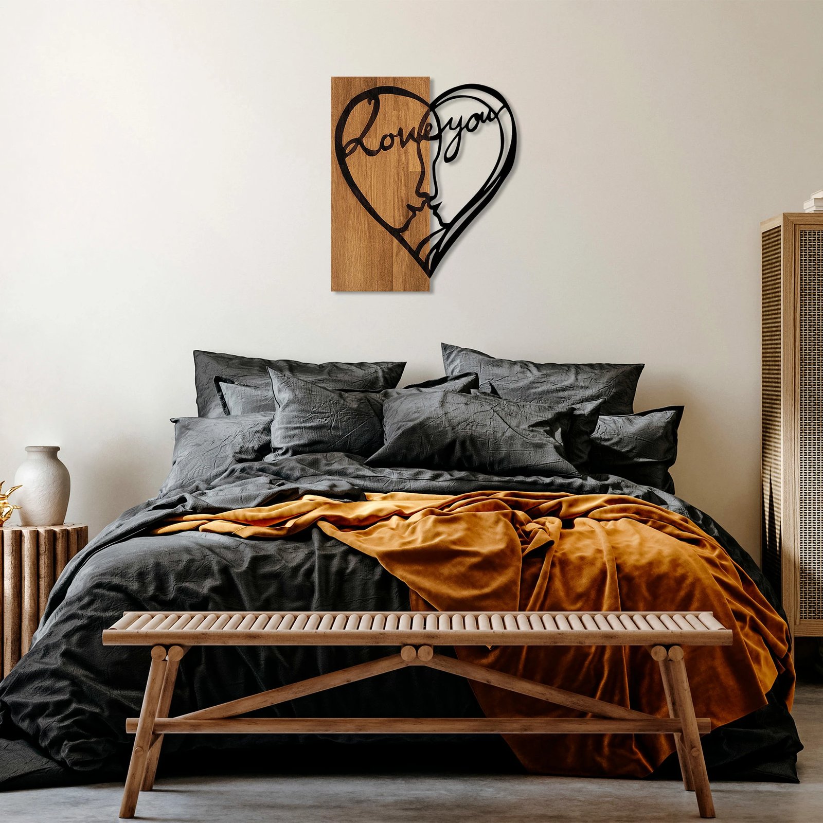 Aksesor dekorativ për mur, dru dhe metal, Wallity, I Love You, ngjyrë arre dhe e zezë, 54x58cm