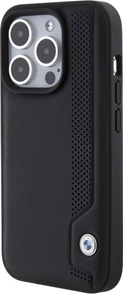 Mbështjellës BMW Leather Blue Dots për iPhone 15 Pro Max, i zi