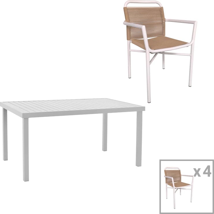 Tavolinë me karrige Kliton - Clutch set prej 5 copash alumini ngjyrë e bardhë 150x80x74cm