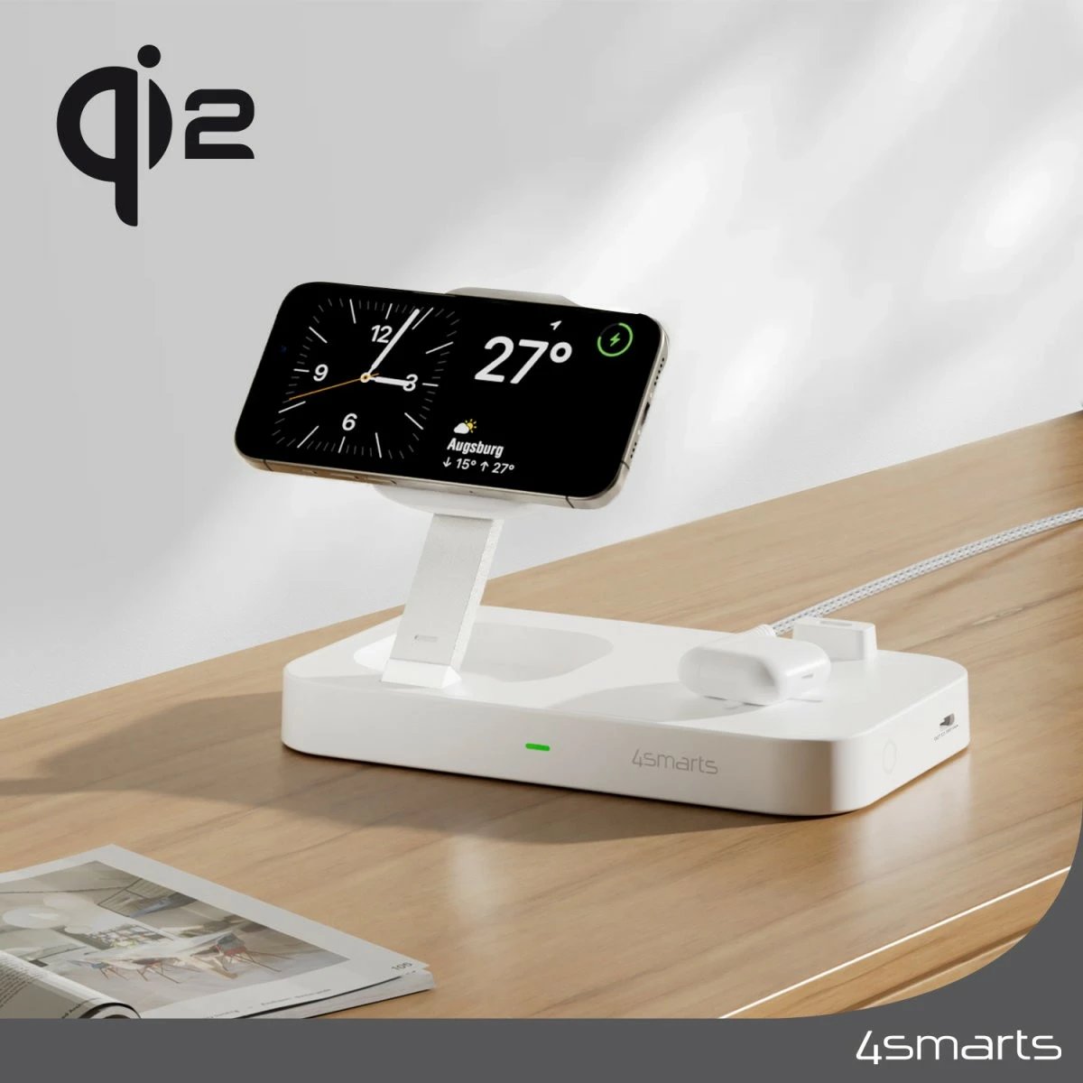 Karikues wireless 4smarts Qi2, 1.5 m, i bardhë
