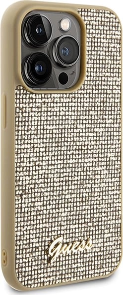 Mbështjellës Guess Disco Metal Script për iPhone 15 Pro, ari