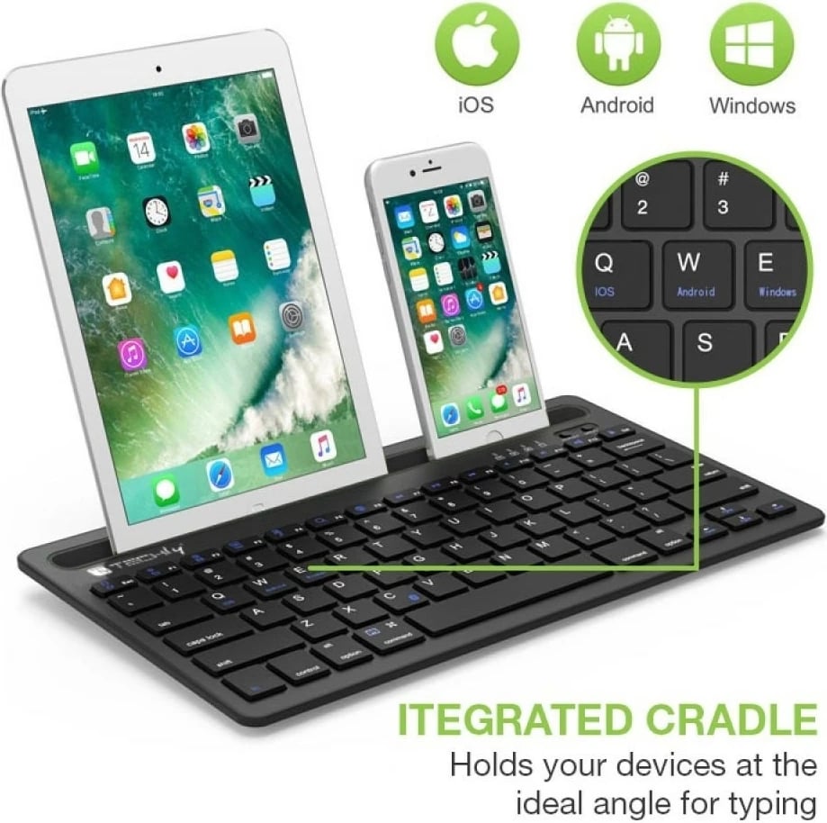 Tastierë Bluetooth Techly ICTBK102U me mbajtëse për tabletë dhe telefon, e zezë