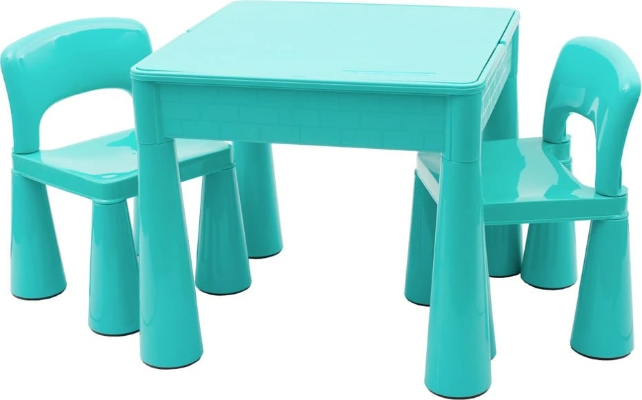 Set tavolinë me 2 karrige për fëmijë, NEW BABY, bazë për Lego/Duplo, me hapësirë magazinimi, 51x51x46 cm, jeshile mint