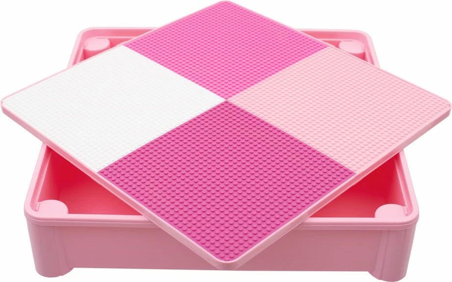 Set tavolinë me dy karrige për fëmijë, NEW BABY, tavolinë 51x51x46 cm, bazë për Lego/Duplo, hapësirë magazinimi, rozë, set 3-copë