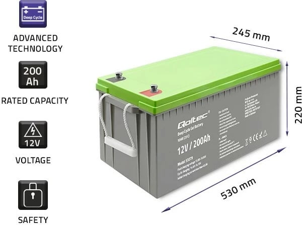 Akumulator Deep Cycle Gel Qoltec 12V 200Ah, Gri/Gjelbër