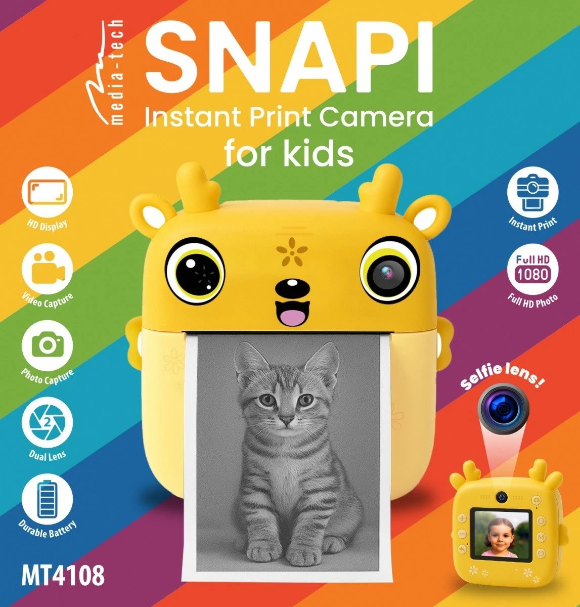 Aparat fotografik për fëmijë me printer termik, Media‑Tech SNAPI MT4108, ekran 2.4", foto deri 8 MP, video 1080p, microSD, USB‑C, bateri 1000 mAh, set me 3 role letre + flomastera e ngjitëse, verdhë