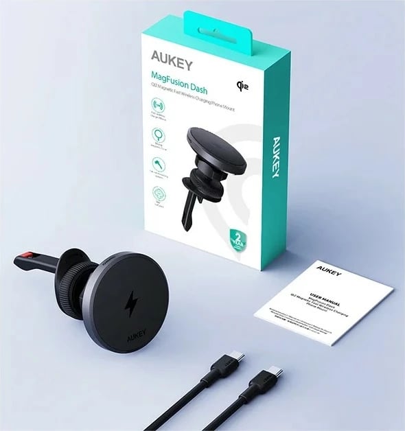 Mbajtës magnetik me karikues wireless AUKEY HD-MC13, Qi2 15W, me kabllo USB-C 1m, Zi