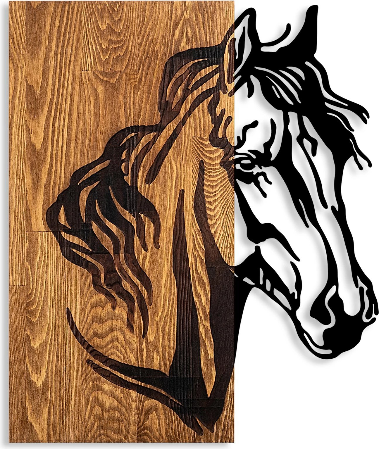 Aksesor dekorativ për mur, dru, motiv kali, Wallity, ngjyrë arre dhe e zezë, 48x57cm