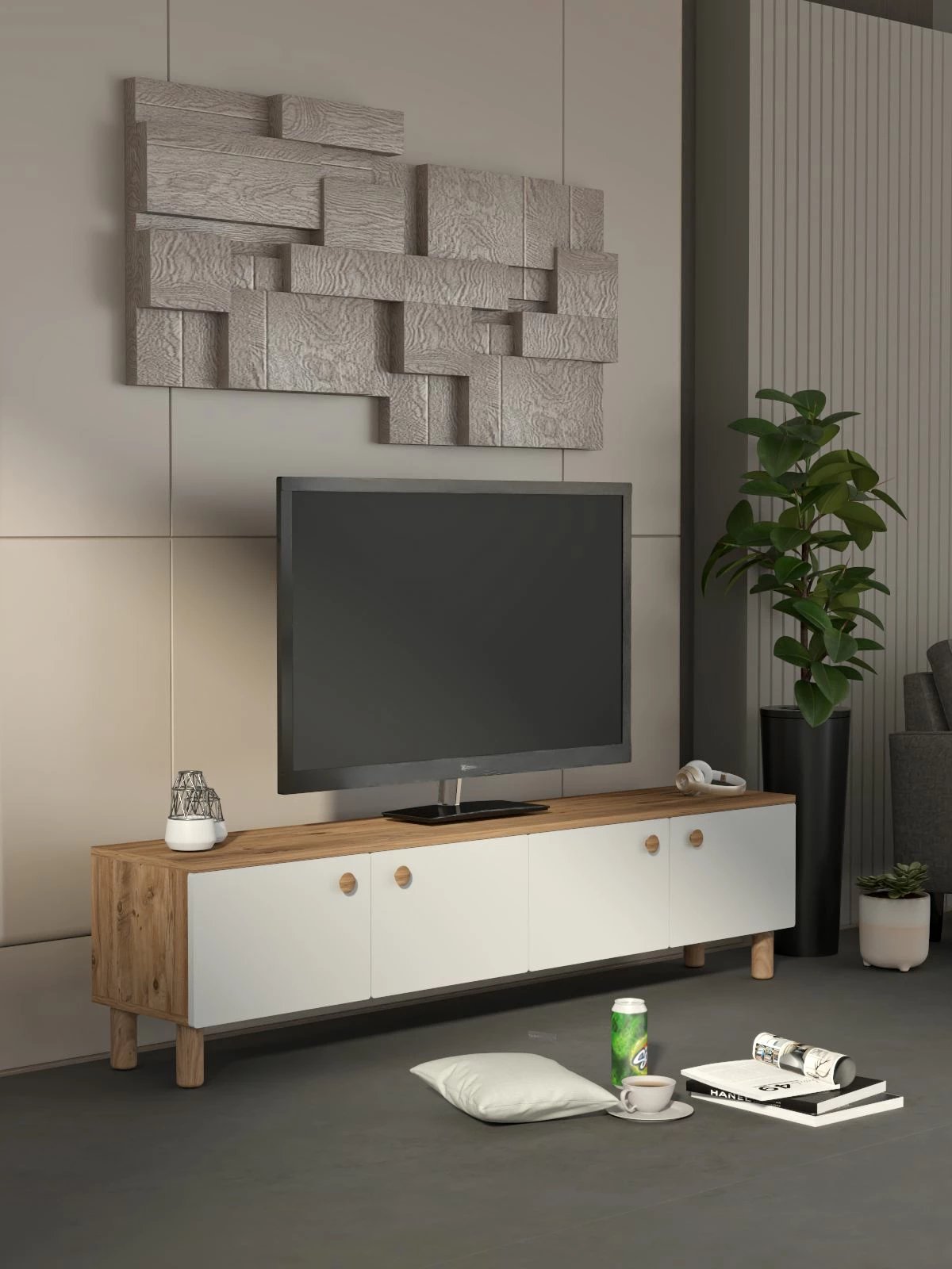 Komodë TV Skye Decor, ngjyrë pishë Atlantike dhe e bardhë, Norvella