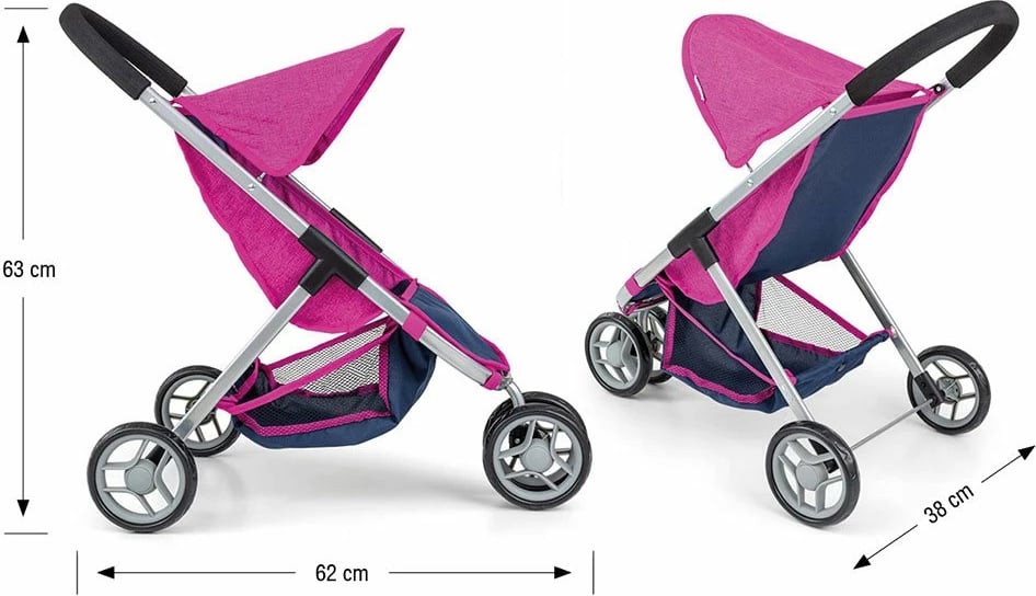 Karrocë për kukulla, Milly Mally, Susie Prestige, 3-rrotëshe për kukulla deri 50 cm, mbulesë poliester e larshme, 63 cm lartësi, blu navy